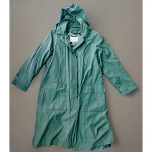 LONDON FOG Women's Lined Sage Green Button Front Hood Pockets Raincoat Sz Small